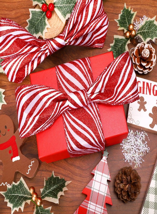 Whaline Christmas Glitter Candy Cane Ribbon White Red Stripe Wired Edge Ribbon 2.5 Inch Rustic Farmhouse Craft Ribbons for Xmas DIY Gift Wrapping Floral Arrangement Wreath Bow Decoration, 10 Yard - Image 4